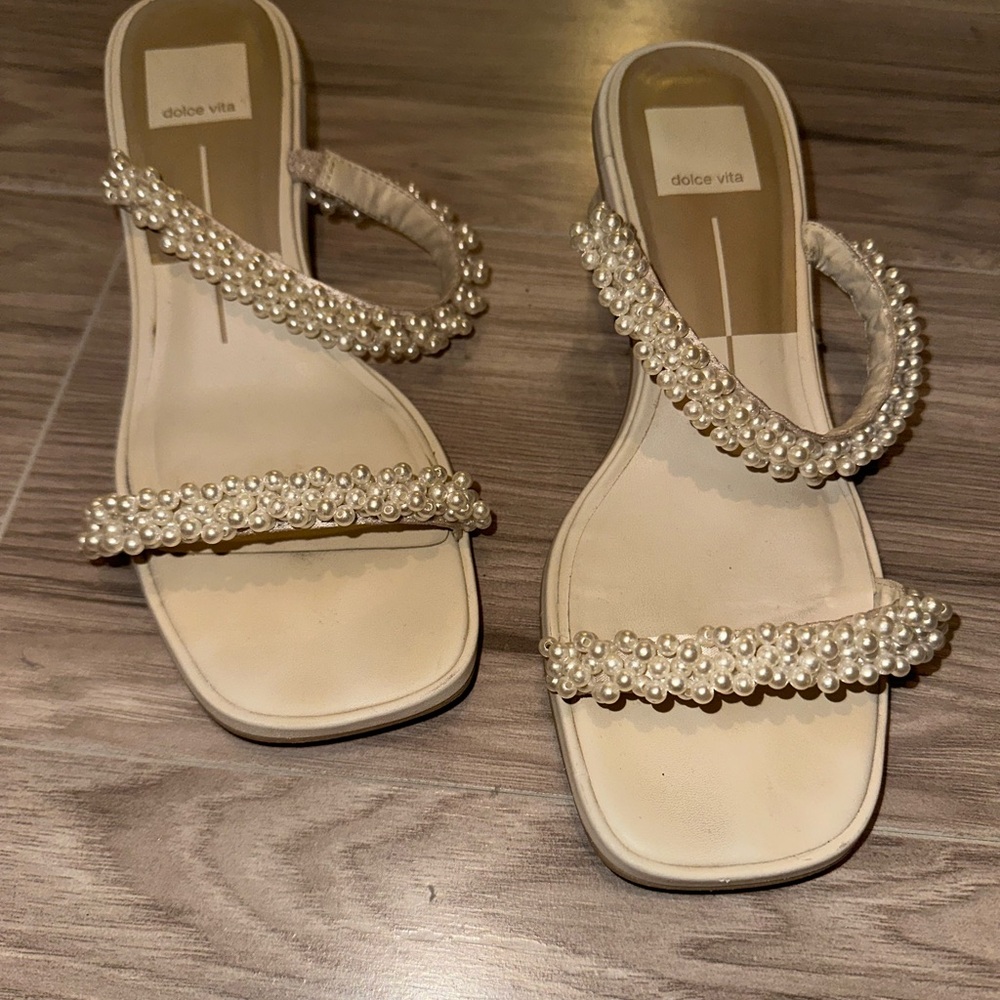 Dolce Vita Pearl-Trim Cream Strappy Sandals